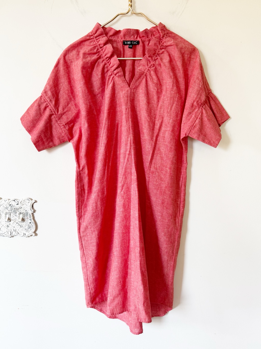 Boho Chic Linen Cotton Blend Ruffle Puff Sleeve Shift Dress Pockets Xs